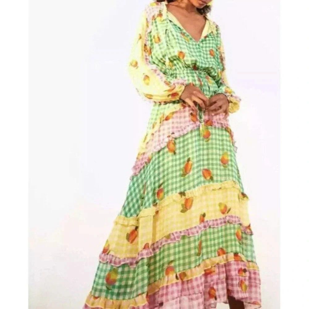 Farm Rio Mixed Picnic Ruffle Trim Maxi Dress Size Medium New With Tags - Picture 2 of 6
